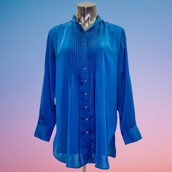KENNETH Cole REACTION Solid Blue Pleated Yoke Long Sleeve Button Down Blouse - Picture 11 of 12